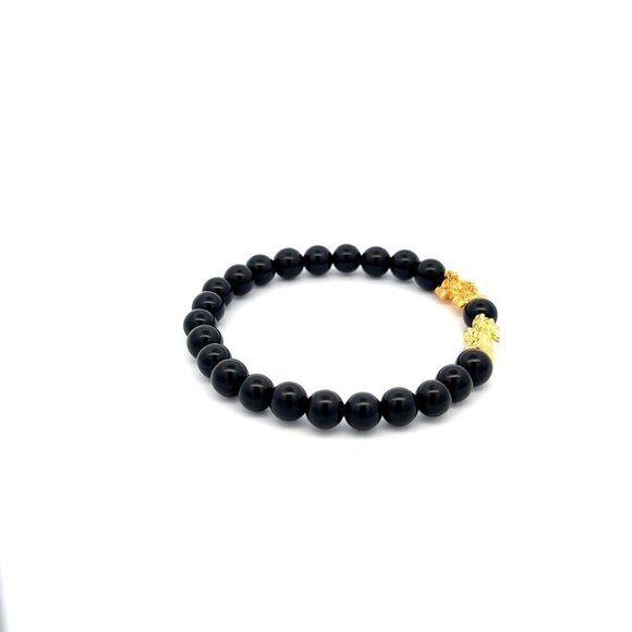 18K Gold Dragon Pixiu Double Piyao Lucky Charm Bracelet Gemstones Onyx 6mm - Picture 3 of 5